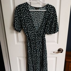 Green flowered wrap midi dress